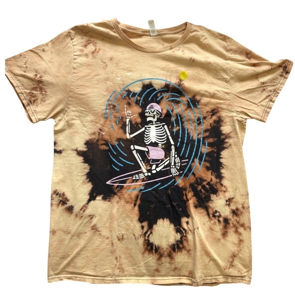 Vintage‎ Bleach Tie-Dye Black T-Shirt Surfs Up Skeleton Graphic Large Streetwear
